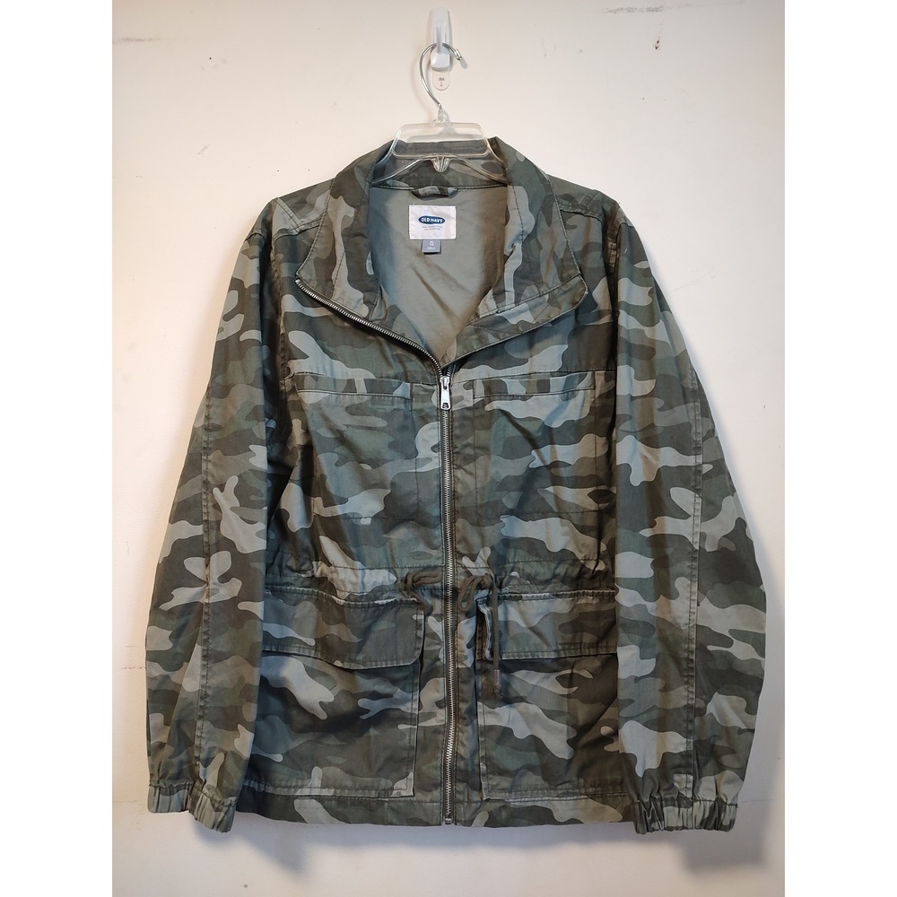 Old Navy Womens Camo Field Jacket Green Utility Zip Up Drawstring Waist XL